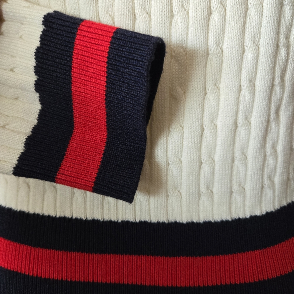 YANA Cream with Navy and Red Nautical Preppy Cardigan Sweater With Bow. Small - Picture 6 of 9